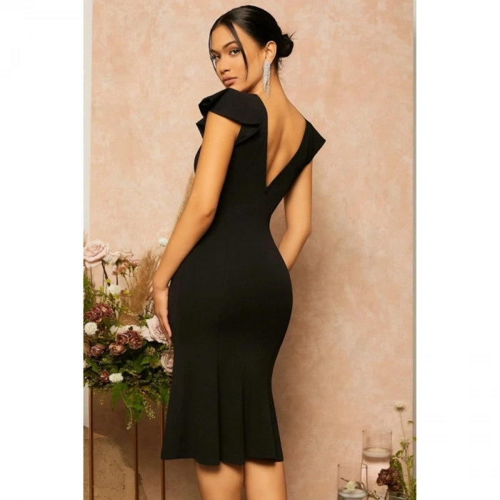 Kadın Kısa Kelebek Kollu Kruvaze Yaka Ithal Krep Midi Elbise