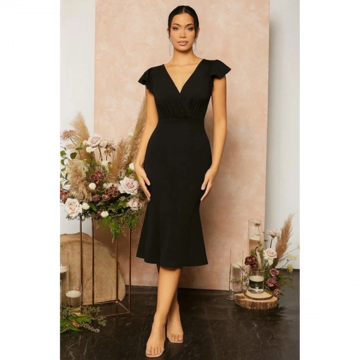 Kadın Kısa Kelebek Kollu Kruvaze Yaka Ithal Krep Midi Elbise