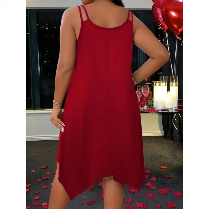 Kadın Askılı Yuvarlak Asimetrik Kesim Detaylı Viskon Elbise