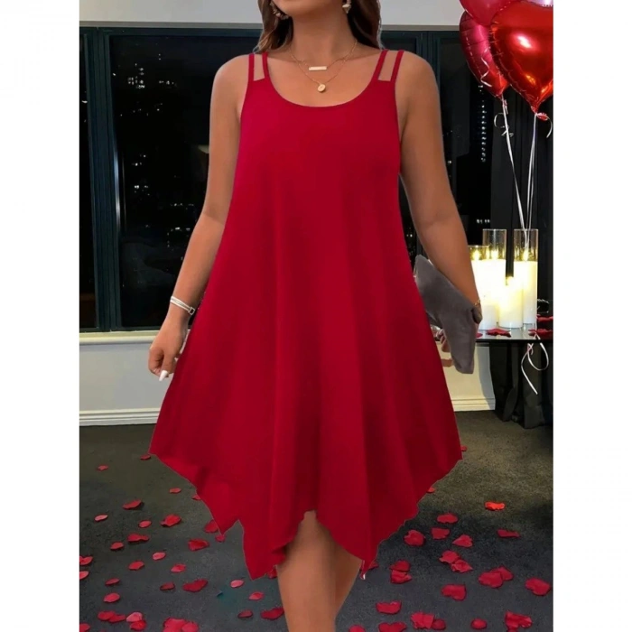 Kadın Askılı Yuvarlak Asimetrik Kesim Detaylı Viskon Elbise