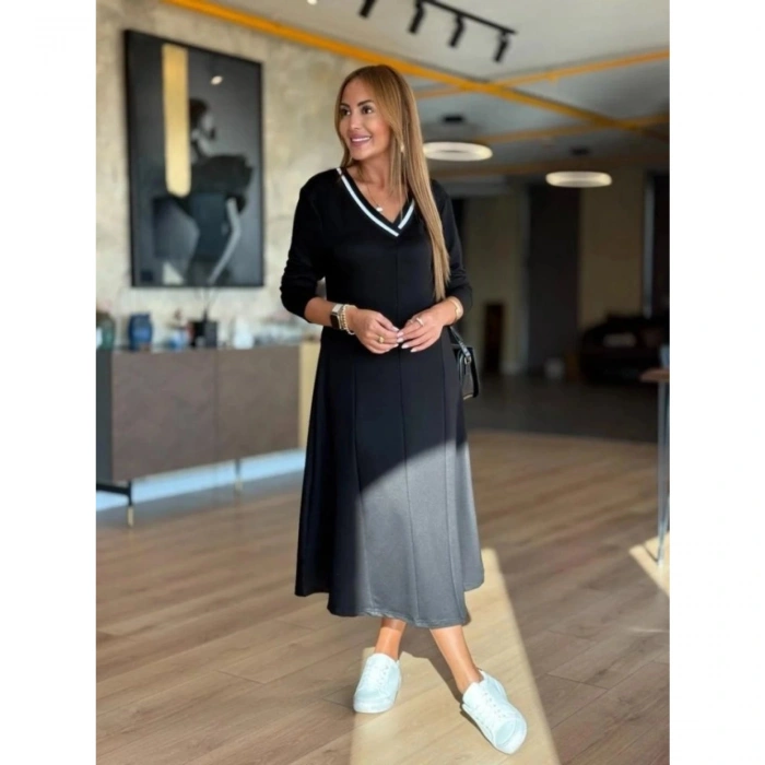 Kadın Uzun Kollu V Yakalı Midi çağla Yeşili Modal Elbise