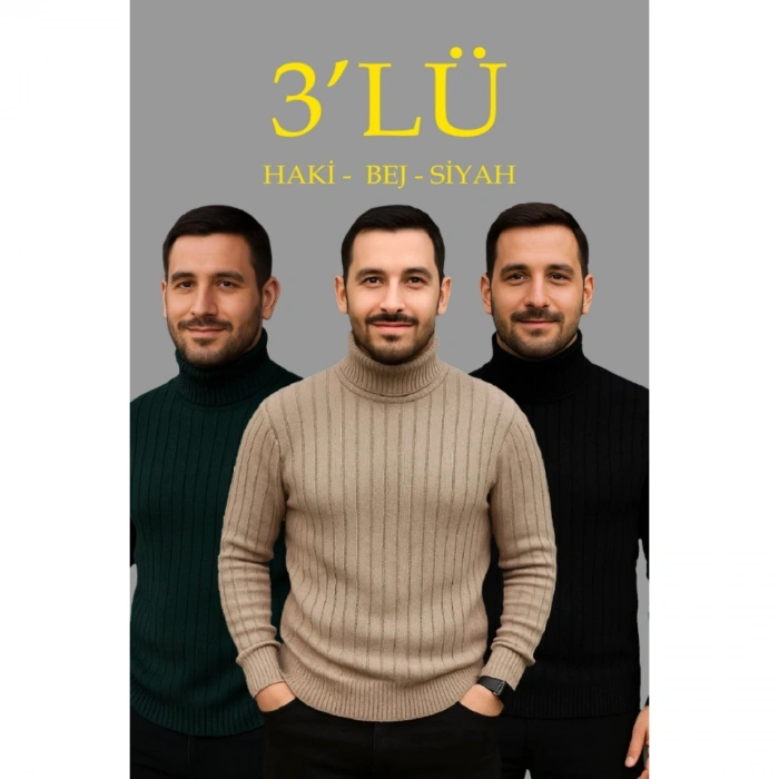 Erkek Fitilli Triko Kazak 3lÜ Set Bej Haki Siyah Regular Balıkcı Yaka Tam Boğazlı Triko Seti Modeli Kazak