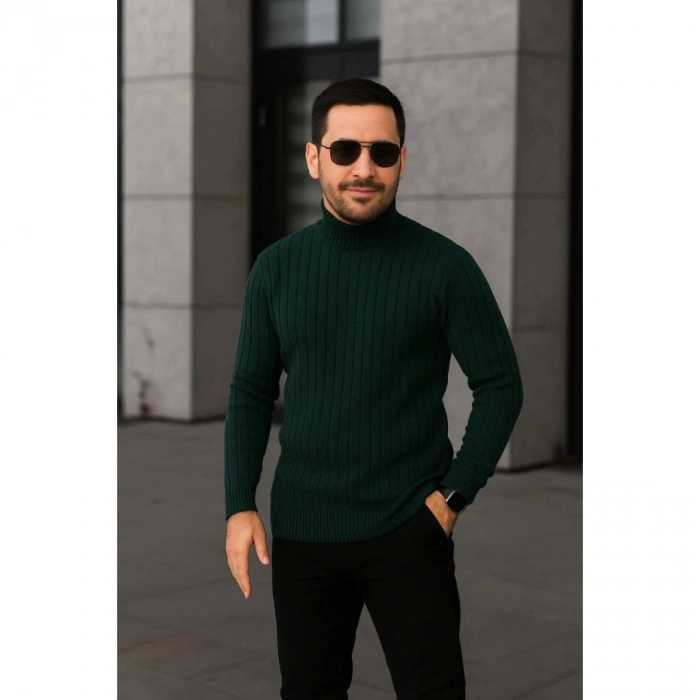 Erkek Fitilli Triko Kazak 3lÜ Set Bej Haki Siyah Regular Balıkcı Yaka Tam Boğazlı Triko Seti Modeli Kazak