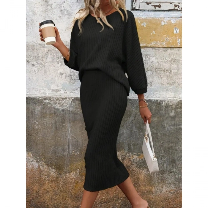 Kadın Uzun Kollu Yakası Açık Yarasa Kollu şardonlu Kaşkorse Bluz Ve Etek Takım