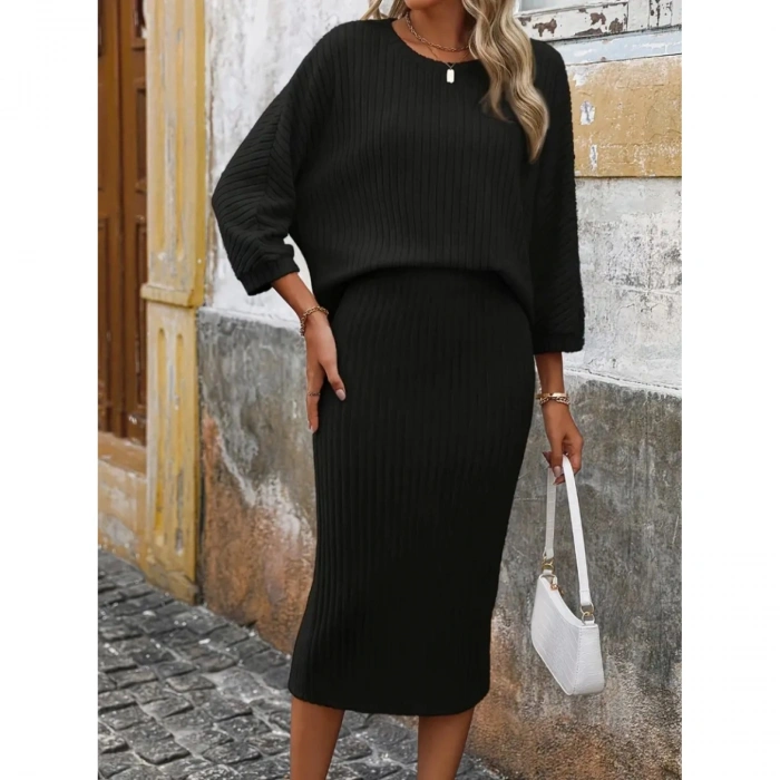 Kadın Uzun Kollu Yakası Açık Yarasa Kollu şardonlu Kaşkorse Bluz Ve Etek Takım