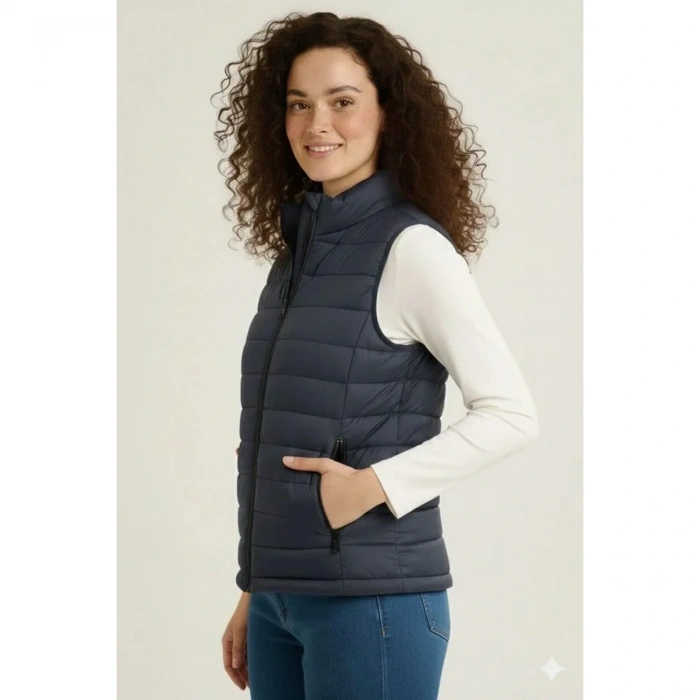 Şişme Fermuarlı Yelek Su Itici Kapitone Astarlı Kumaş Cepli Hafif Kışlık Spor Rahat Kalıp - Lacivert