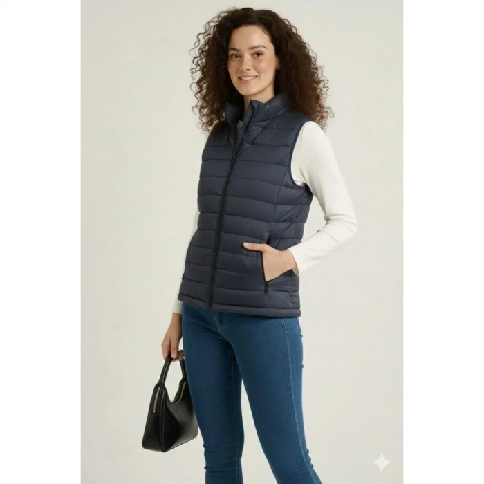 Şişme Fermuarlı Yelek Su Itici Kapitone Astarlı Kumaş Cepli Hafif Kışlık Spor Rahat Kalıp - Lacivert