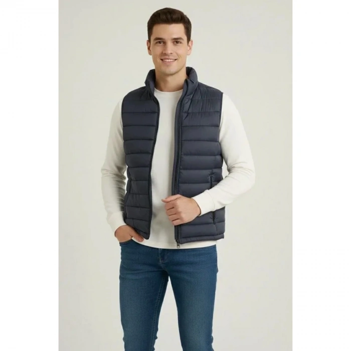 Erkek Şişme Fermuarlı Yelek Su Itici Kapitone Astarlı Kumaş Cepli Hafif Kışlık Spor Rahat Kalıp - Lacivert