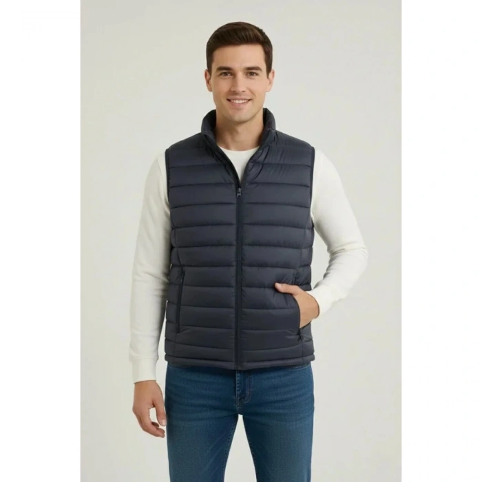 Erkek Şişme Fermuarlı Yelek Su Itici Kapitone Astarlı Kumaş Cepli Hafif Kışlık Spor Rahat Kalıp - Lacivert