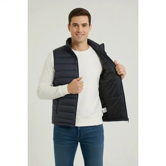 Erkek Şişme Fermuarlı Yelek Su Itici Kapitone Astarlı Kumaş Cepli Hafif Kışlık Spor Rahat Kalıp - Lacivert