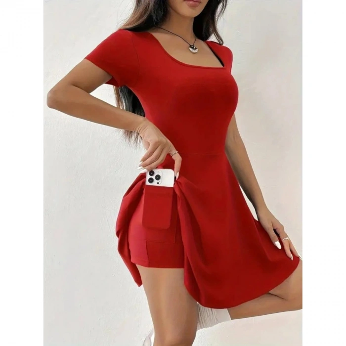 Kadın Kısa Kollu Kare Yaka Short Detaylı Cepli Dalgıç Elbise