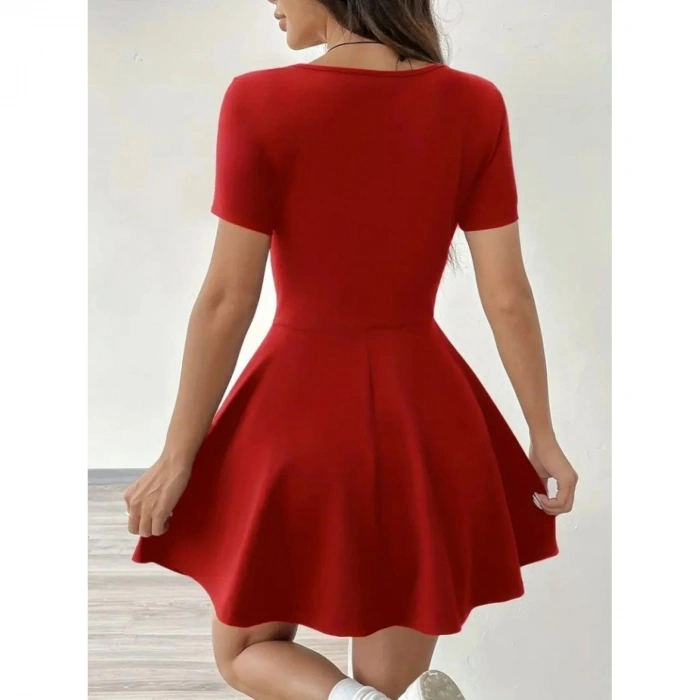 Kadın Kısa Kollu Kare Yaka Short Detaylı Cepli Dalgıç Elbise