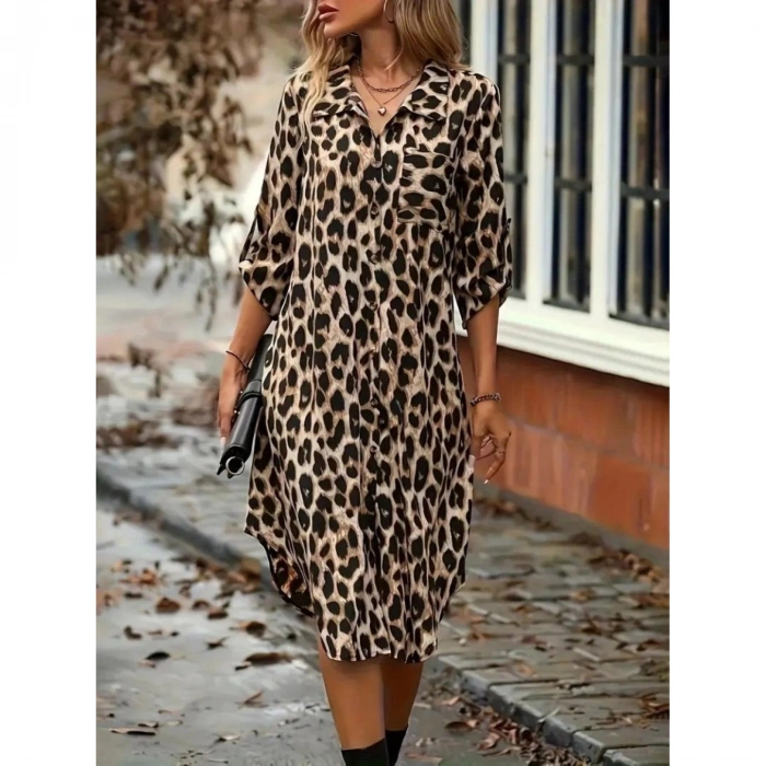 Kadın Uzun Kollu Yakalı önden Düğmeli Leopar Desenli Modal Midi Elbise