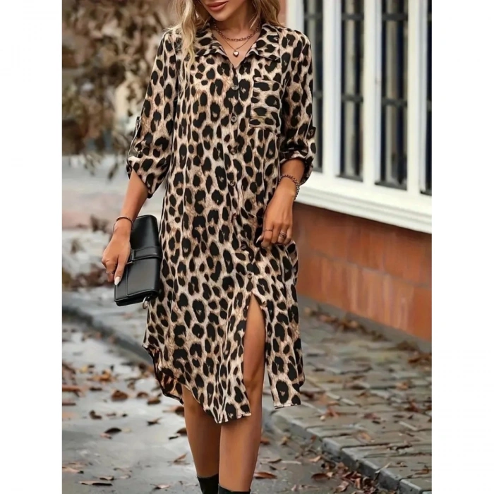 Kadın Uzun Kollu Yakalı önden Düğmeli Leopar Desenli Modal Midi Elbise