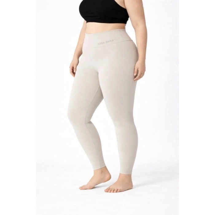 Yüksek Bel Toparlayıcı Likralı Dalgıç Spor Tayt Esnek Battal Büyük Beden - Taş