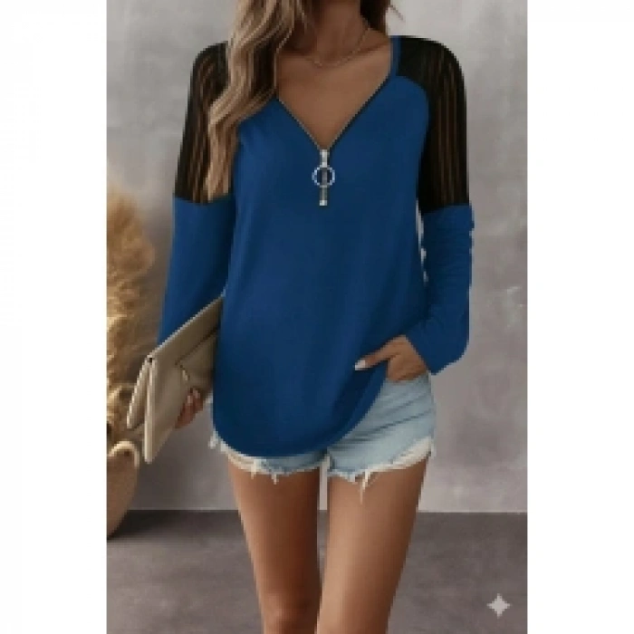 Kadın Uzun Kollu Yakadan Fermuarlı Viskon Bluz