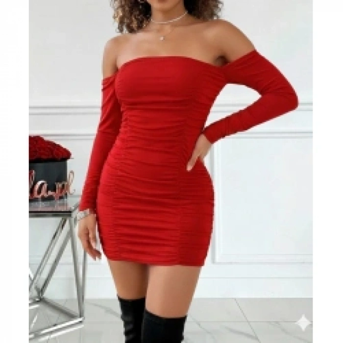 Kadın Uzun Kollu Omuzlardan Açık Takma Kollu Büzgülü Sandy Kısa Elbise