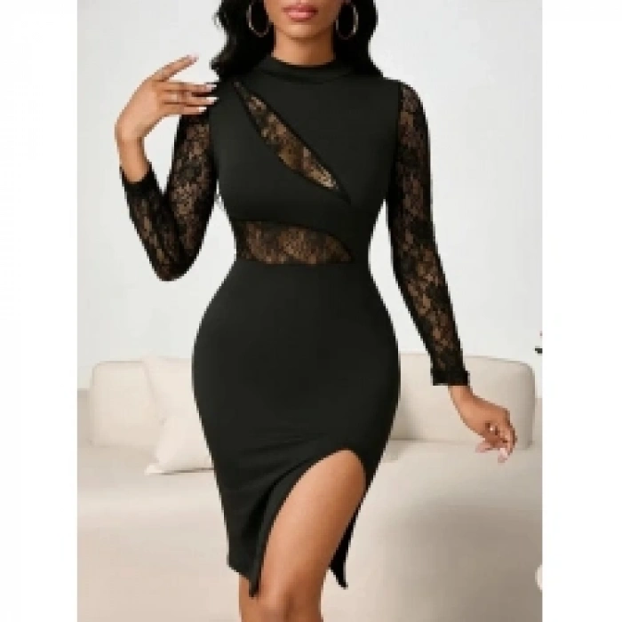 Kadın Uzun Kollu Balıkçı Yaka Göğüs Beli Dekolte Dantel Detaylı Yandan Yırtmaçlı Mini Ithal Krep Elbise