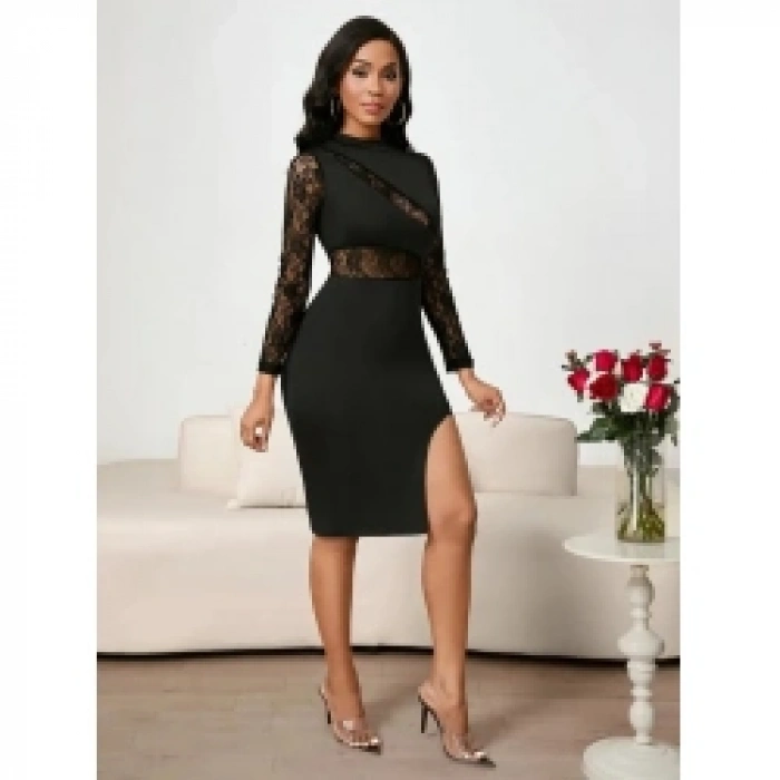 Kadın Uzun Kollu Balıkçı Yaka Göğüs Beli Dekolte Dantel Detaylı Yandan Yırtmaçlı Mini Ithal Krep Elbise