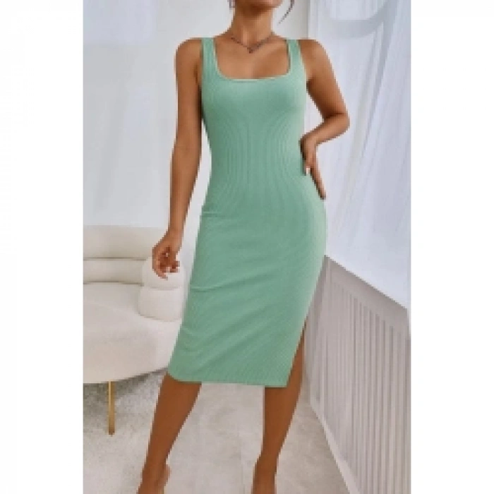 Kadın Askılı Kare Yaka Yandan Yırtmaçlı Midi Kaşkorse Elbise