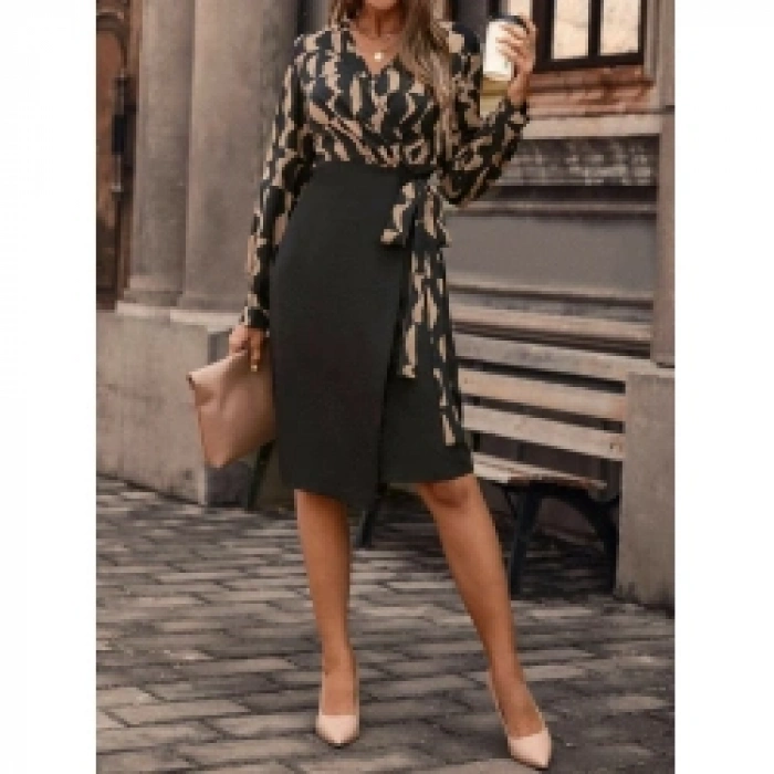 Kadın Uzun Kollu Kruvaze Yaka Dijital Baskılı Fiyonk Detay Atlas Kumaş Elbise