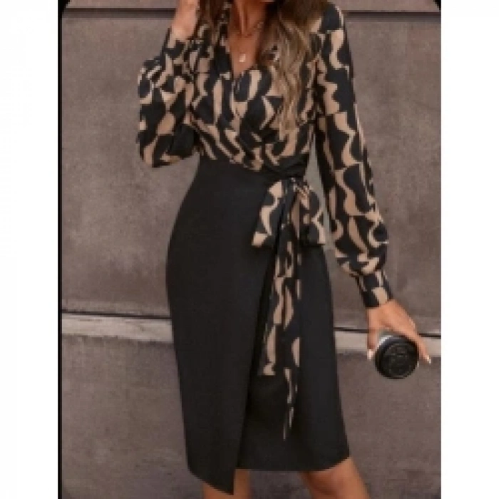 Kadın Uzun Kollu Kruvaze Yaka Dijital Baskılı Fiyonk Detay Atlas Kumaş Elbise