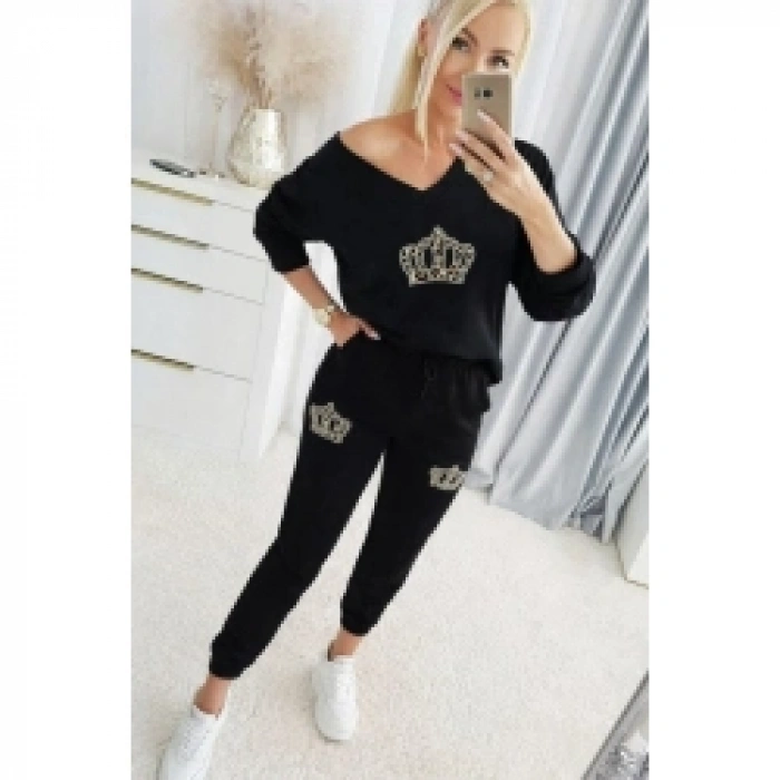 Kadın Uzun Kollu V Yakalı Desenli Viskon Iki Iplik Bluz Ve Pantolon Ikili Takım