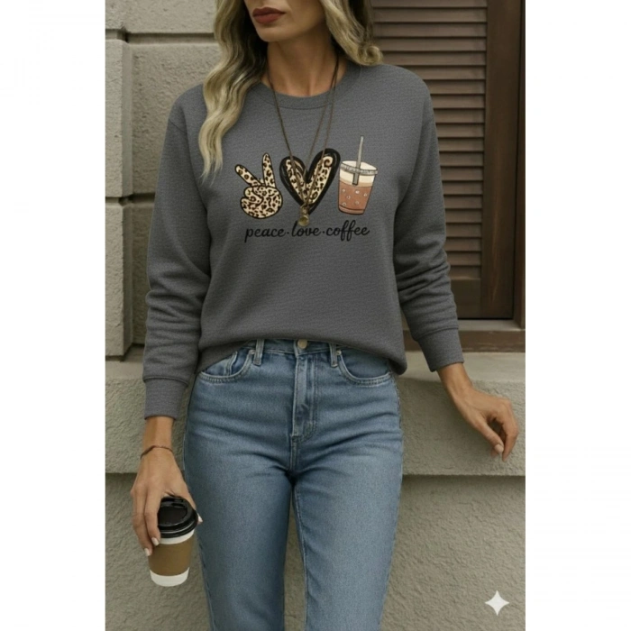 Kadın Uzun Kollu Bisiklet Yaka Kalp Desenli Viskon Iki Iplik Bluz