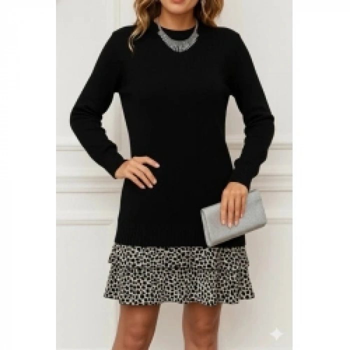 Kadın Uzun Kollu üst şardonlu Kaşkorse Alt Süprem Desenli Elbise