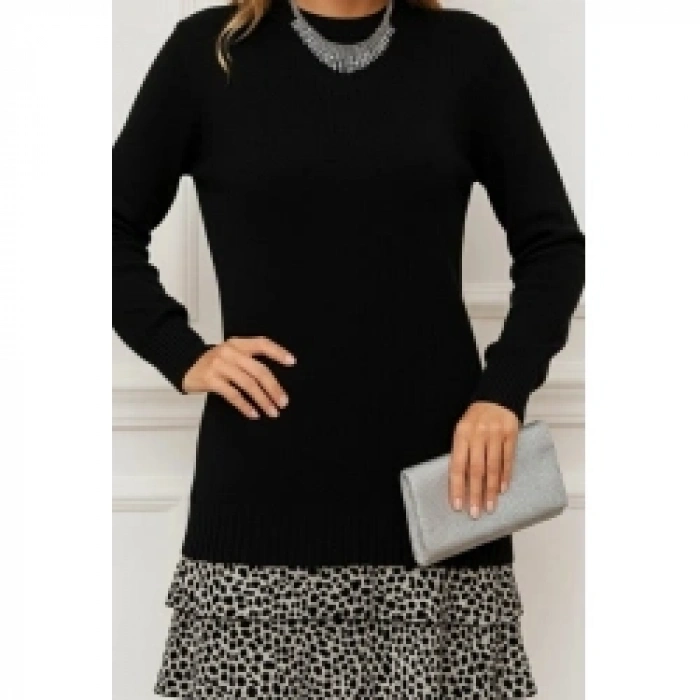 Kadın Uzun Kollu üst şardonlu Kaşkorse Alt Süprem Desenli Elbise