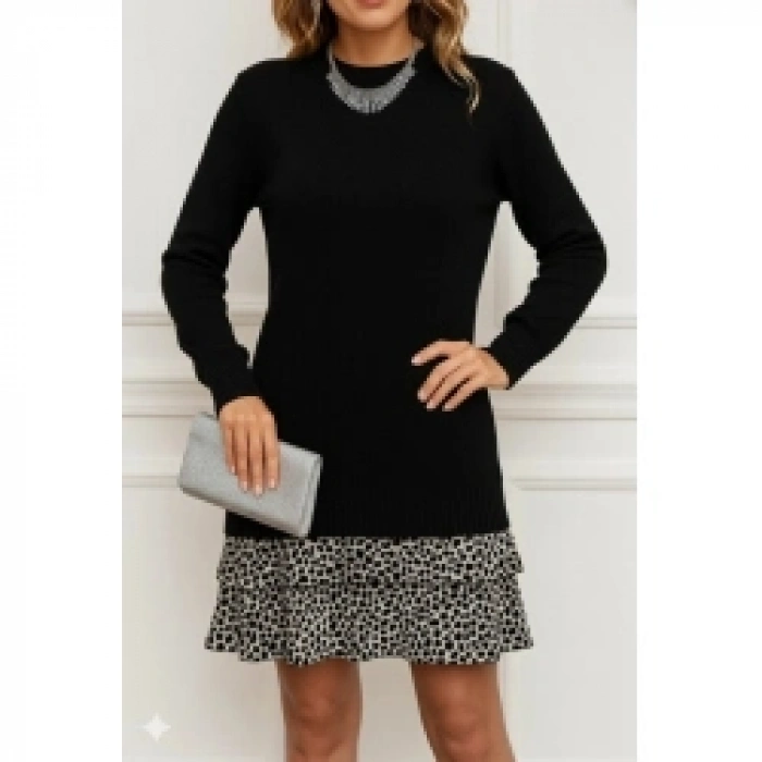 Kadın Uzun Kollu üst şardonlu Kaşkorse Alt Süprem Desenli Elbise