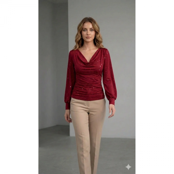 Kadın Uzun Kollu Degaje Yaka Taşlı Sandy Bluz