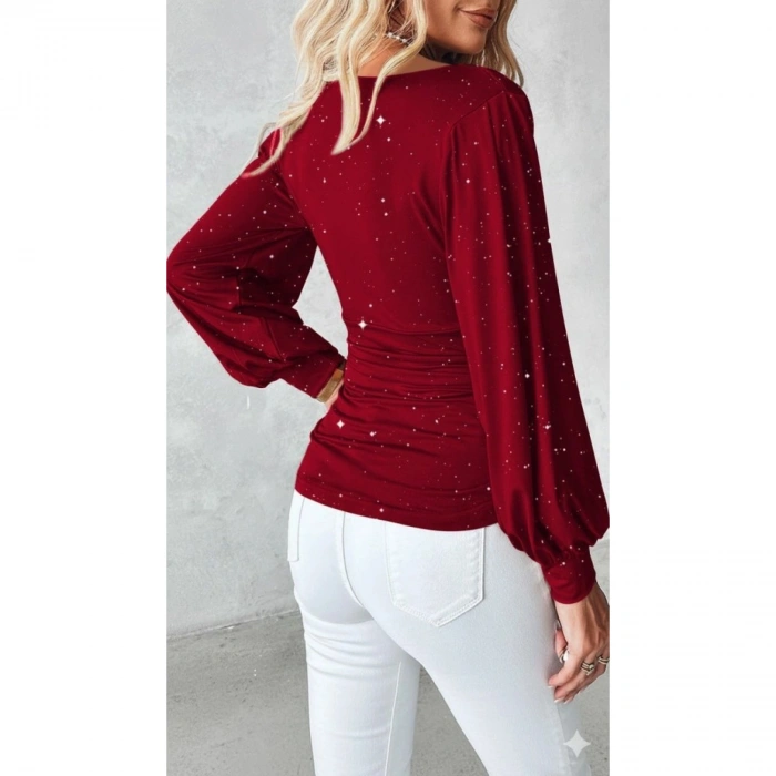 Kadın Uzun Kollu Degaje Yaka Taşlı Sandy Bluz