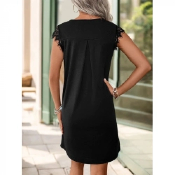 Kadın Kısa Dantel Kollu önden Düğmeli Viskon Elbise