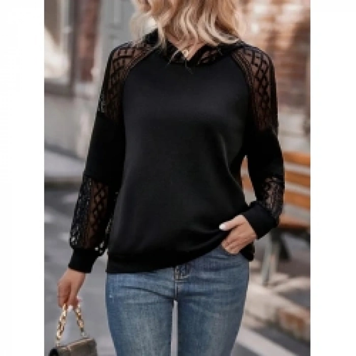 Kadın Uzun Kollu Dantelli Kapşonlu Viskon Iki Iplik Bluz
