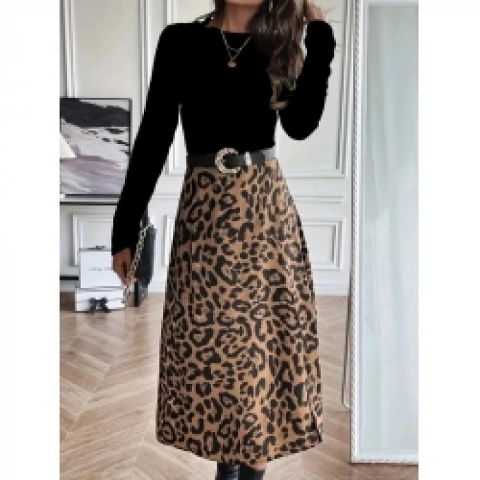 Kadın Uzun Kollu Bisiklet Yaka Ithal Krep Bluz Alt Desenli Modal Midi Elbise