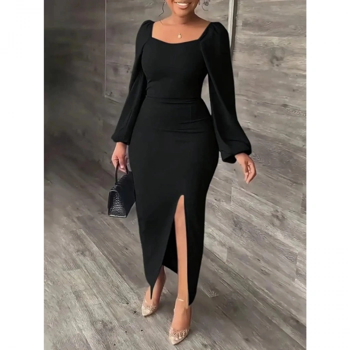 Kadın Uzun Kollu Geometrik Yakalı Yandan Yırtmaçlı Uzun Janjan Krep Elbise