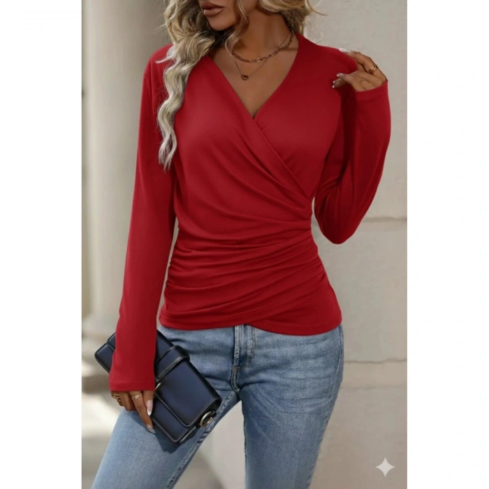 Kadın Uzun Kollu Kruvaze Yaka Yanlardan Büzgülü Viskon Bluz