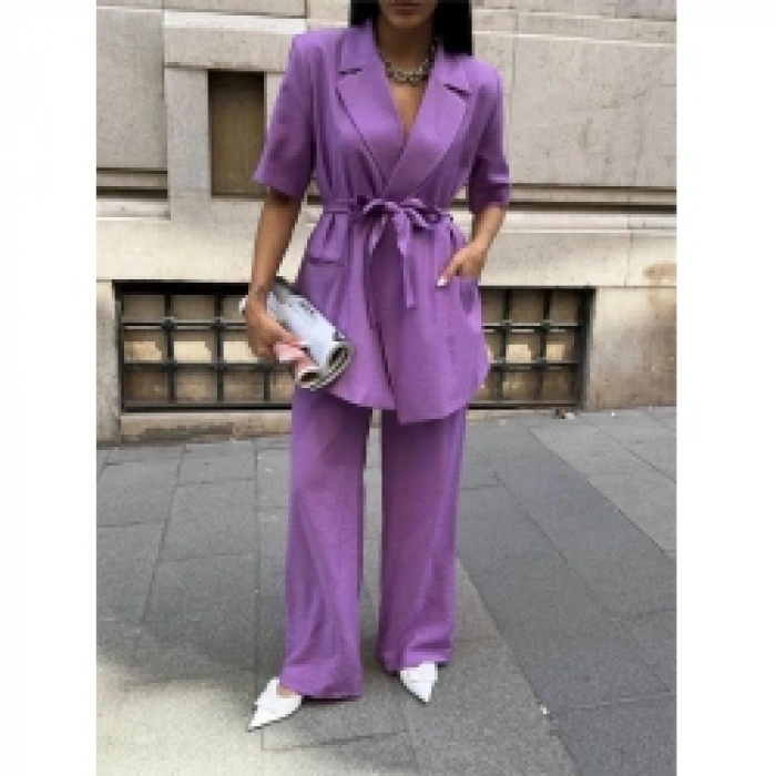KISA KOL BAĞLAMA DETAYLI CEKET-PANTOLON TAKIM - Mor