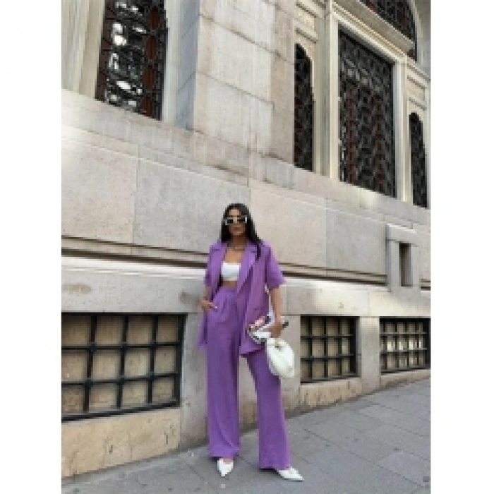 KISA KOL BAĞLAMA DETAYLI CEKET-PANTOLON TAKIM - Mor