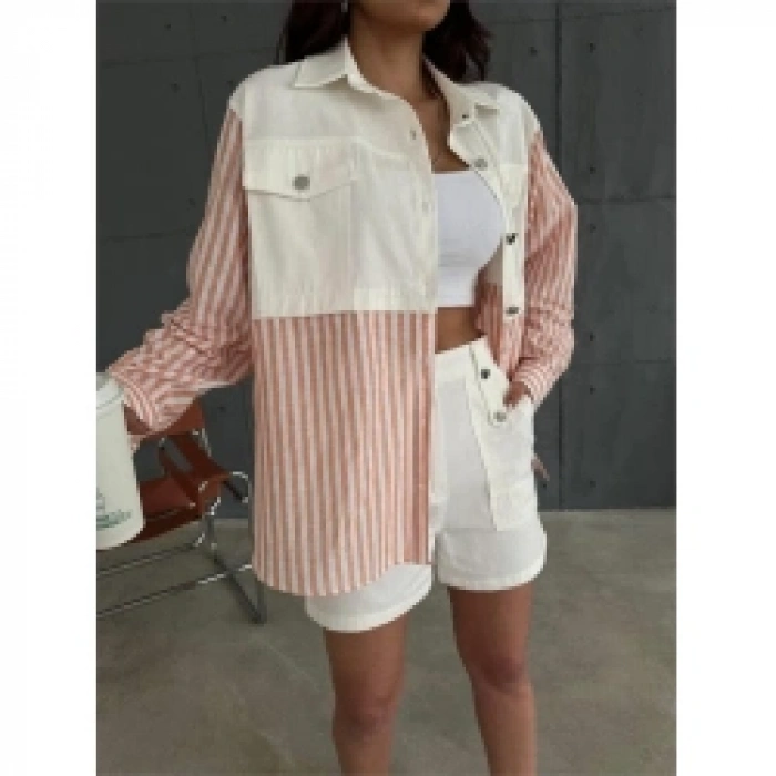 GABARDİN ŞORT - GABARDİN - ÇİZGİLİ KETEN GARNİLİ CEKET TAKIM - Orange