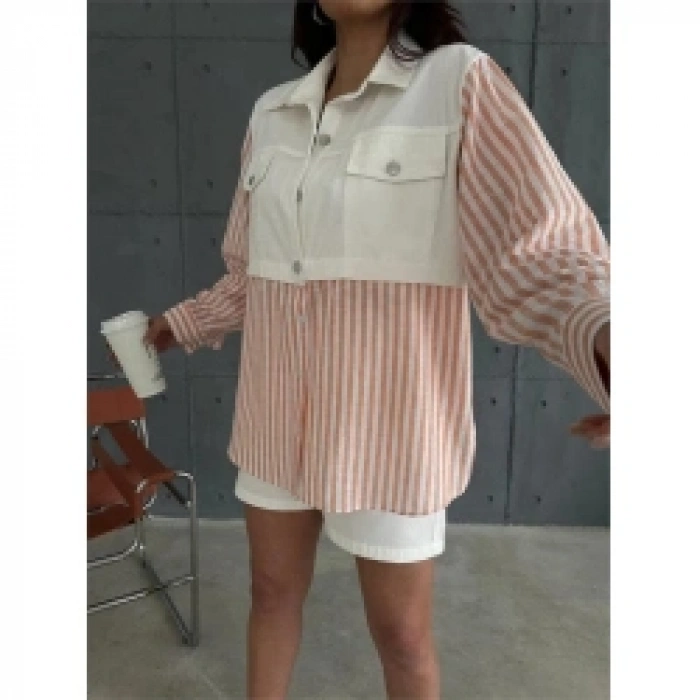 GABARDİN ŞORT - GABARDİN - ÇİZGİLİ KETEN GARNİLİ CEKET TAKIM - Orange