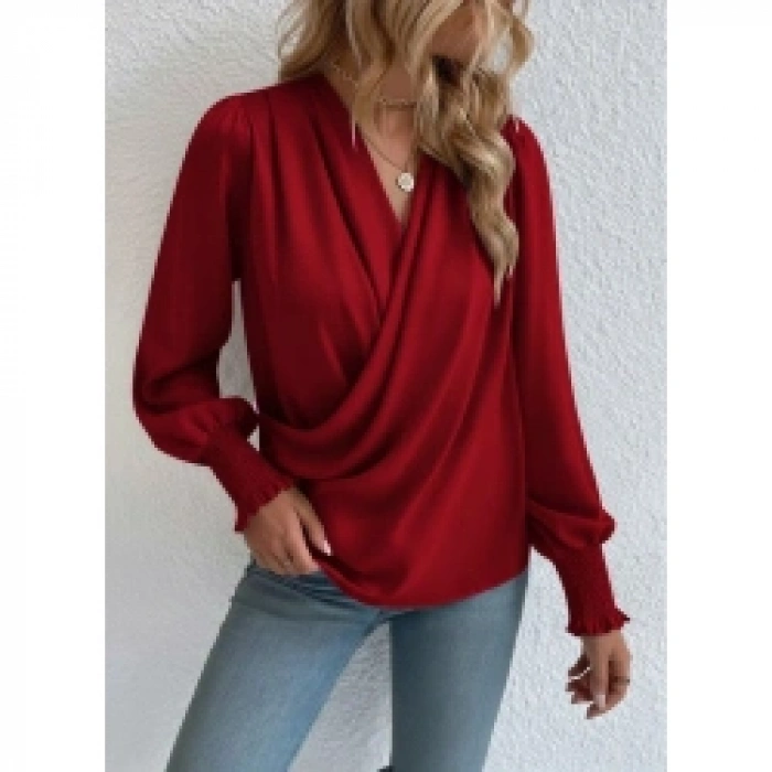 Kadın Uzun Kollu Dökümlü Kruvaze Yaka Kol Ucu Gipeli Sandy Bluz