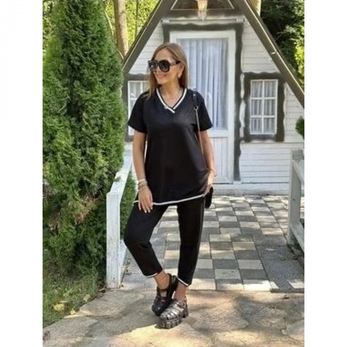 Kadın Kısa Kollu V Yakalı Iki Iplik Bluz Ve Pantolon Ikili Takım