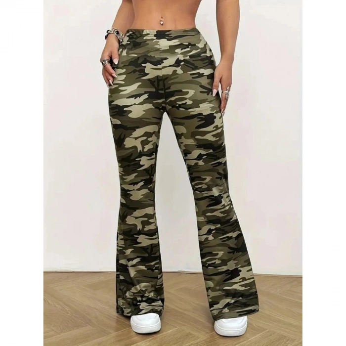 Kadın Yüksek Bel Kamuflaj Desenli Dalgıç Tayt