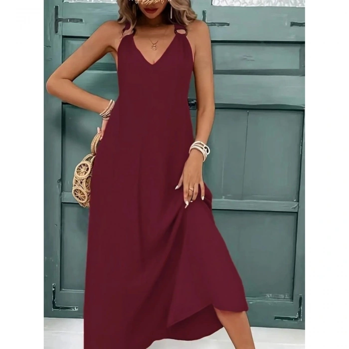 Kadın Askılı V Yakalı Halka Detaylı Maksi Boy Viskon Elbise