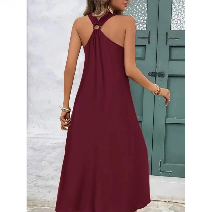 Kadın Askılı V Yakalı Halka Detaylı Maksi Boy Viskon Elbise
