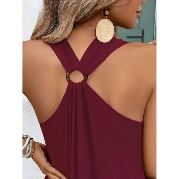 Kadın Askılı V Yakalı Halka Detaylı Maksi Boy Viskon Elbise