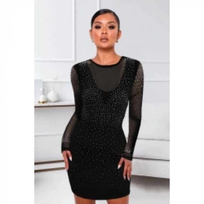 Kadın Uzun Kollu Yuvarlak Yaka Dekolteli Taşlı Dalgıç Elbise