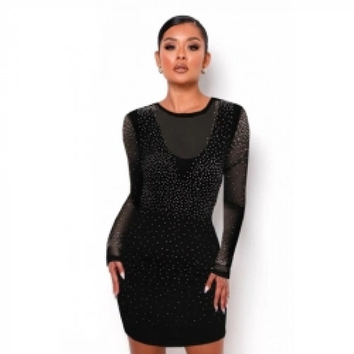 Kadın Uzun Kollu Yuvarlak Yaka Dekolteli Taşlı Dalgıç Elbise